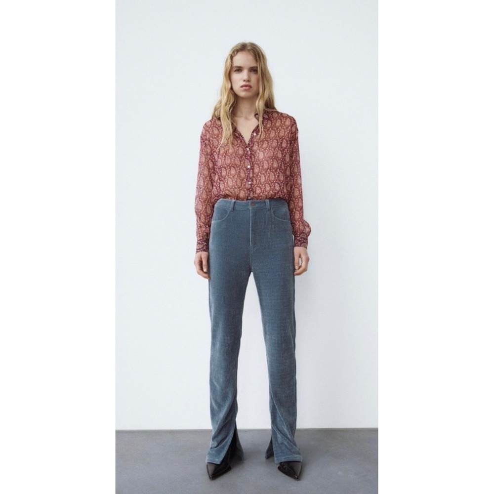 Zara Denim Collection Blue Gray High Waisted Corduroy Slit Hem Pants Womens 6